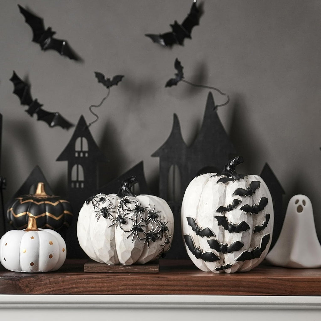 Black and White Pumpkins with Bats for Halloween Indoor Decor - Set of 2