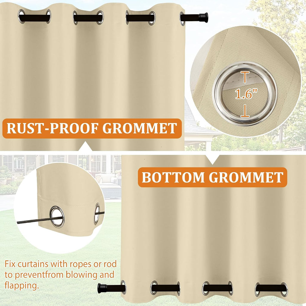 Outdoor Curtains Waterproof 2 Panels Blackout Curtains 84 inch Long with Zipper Top & Bottom Grommet Sun Blocking