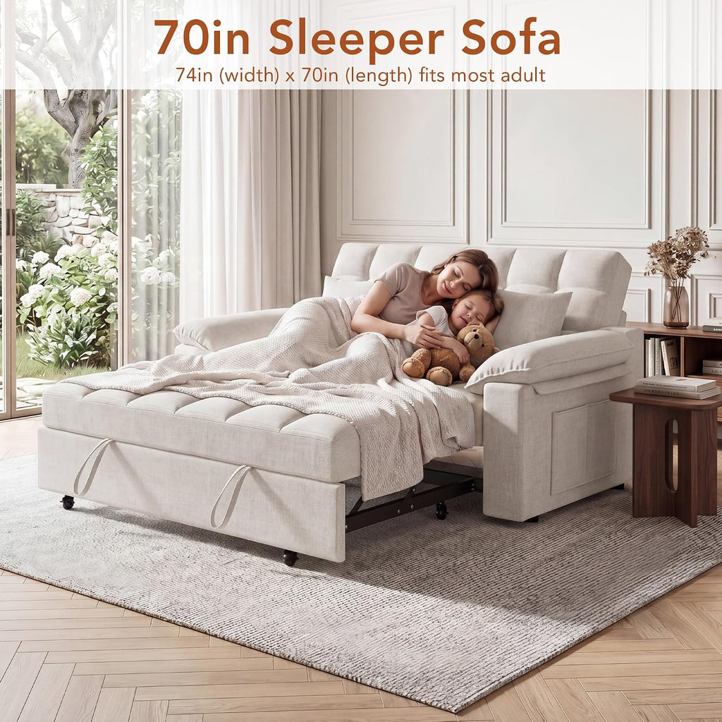 Sleeper Sofa Bed, 70" Pull Out Futon Couch with Small Table| USB Port | Side Pockets | Tool-Free Assembly |