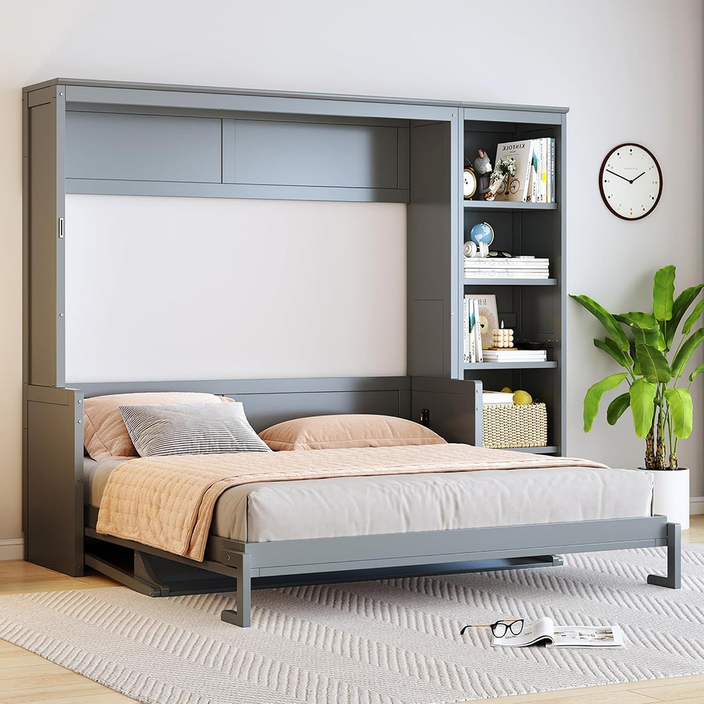 Queen Murphy Bed with Desk, Space Saving Wall Bed Queen with Bookshelf, Storage Shelves, Wood Slats, No Box Spring