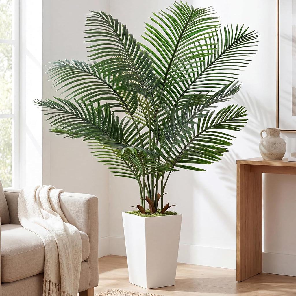 6FT Artificial Palm Tree, Palm Tree 72in Tall Faux with 15.7 White Planter, Fake Potted Tree with Lifelike Leaves