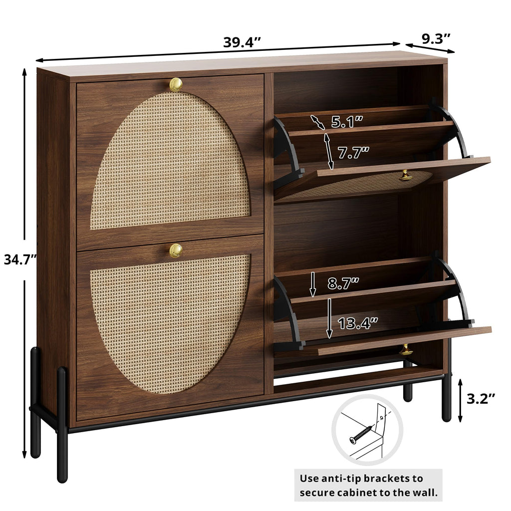 Rattan Shoe Cabinet Storage with 4 Flip Drawers, Walnut