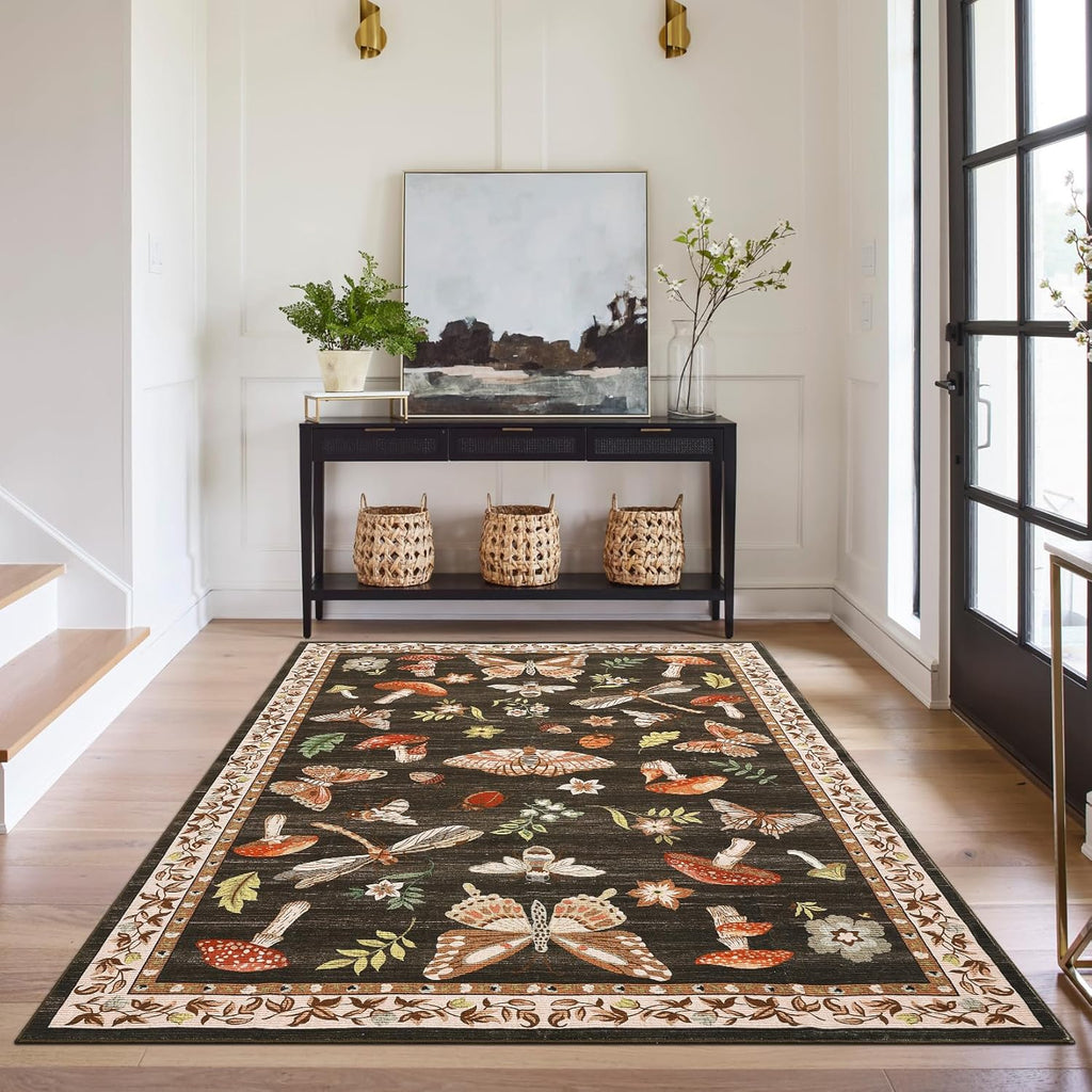 Mushroom Washable Rug 5x7 Area Rugs for Living Room, Insect Print Rug for Bedroom, Non Slip Throw Carpet with Rubber