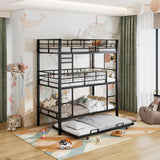 Triple Bunk Bed with Trundle Guardrail & Ladder Twin Metal, No Box Spring Needed, Easy Assemble