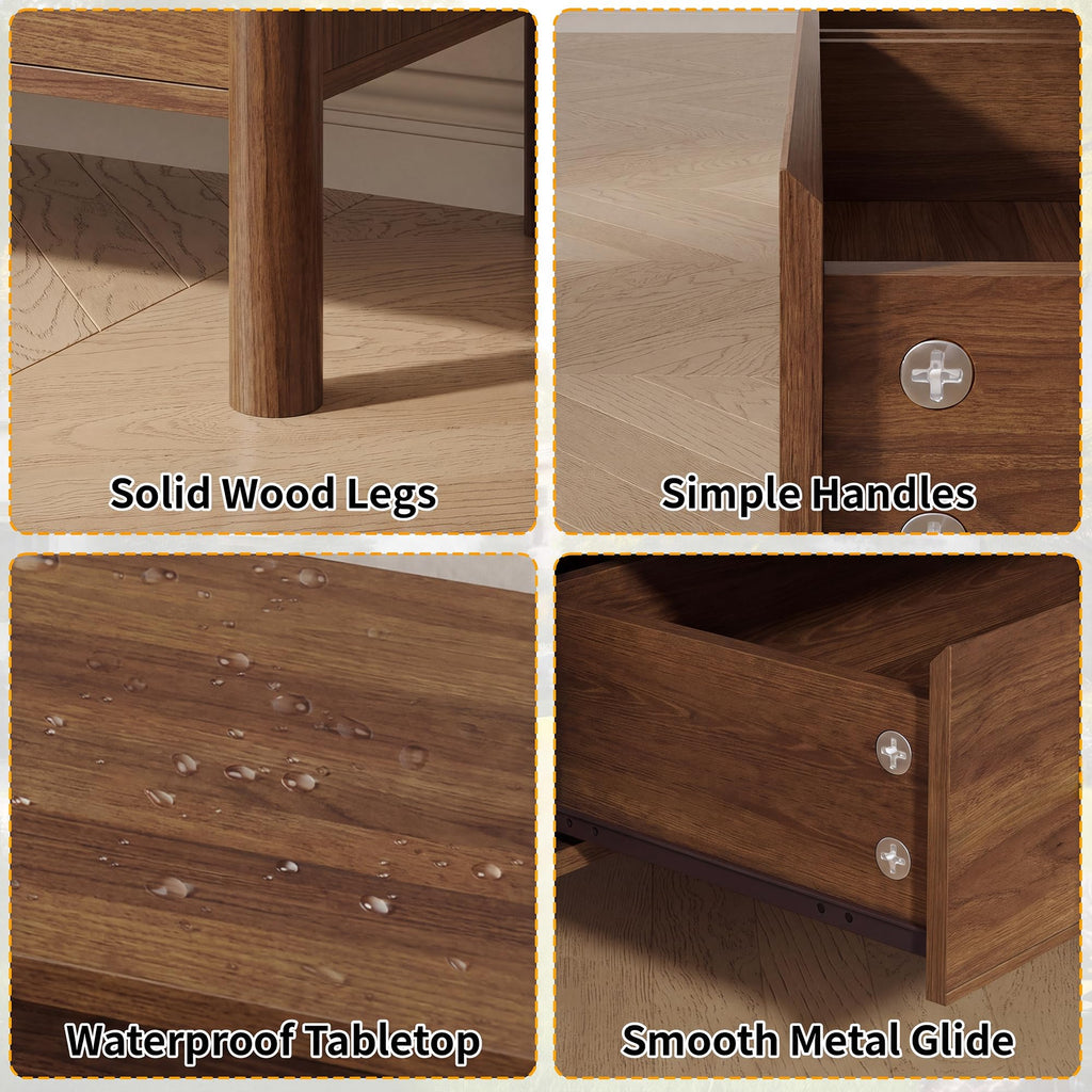 2 Pcs Walnut Nightstand Set, 2 Drawer Bedside End Table