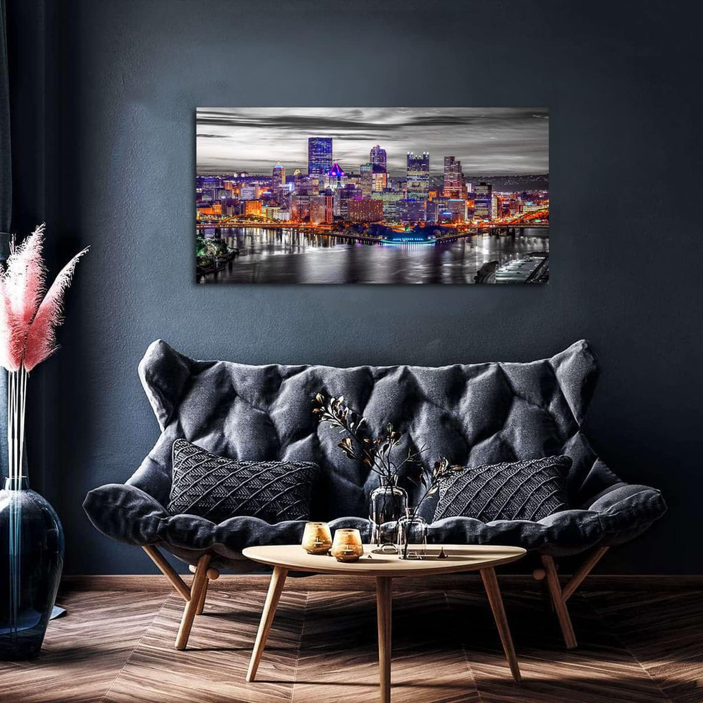 Large Pittsburgh Wall Art Black and White City Skyline Wall Decor Office Decor Pennsylvania Night Cityscape Canvas
