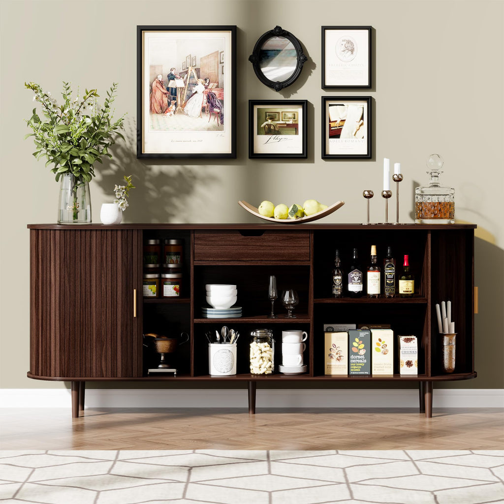 71" Sideboard Buffet Cabinet with Storage, Large Credenza with Sliding Doors and 1 Drawer, Mid Century Modern Coffee