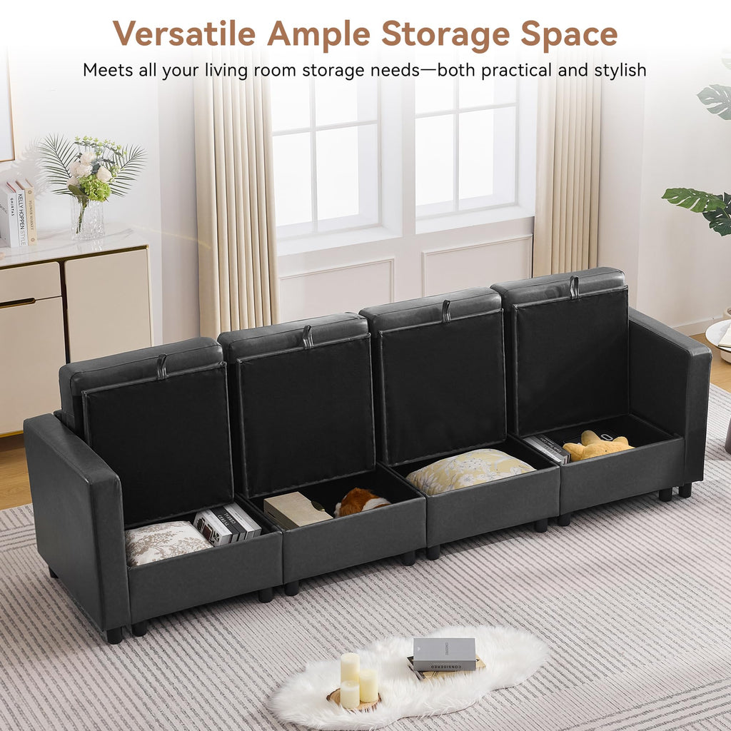 Modular Sectional Couch, 107" Faux Leather Storage 4 Seat Sofa, Grey