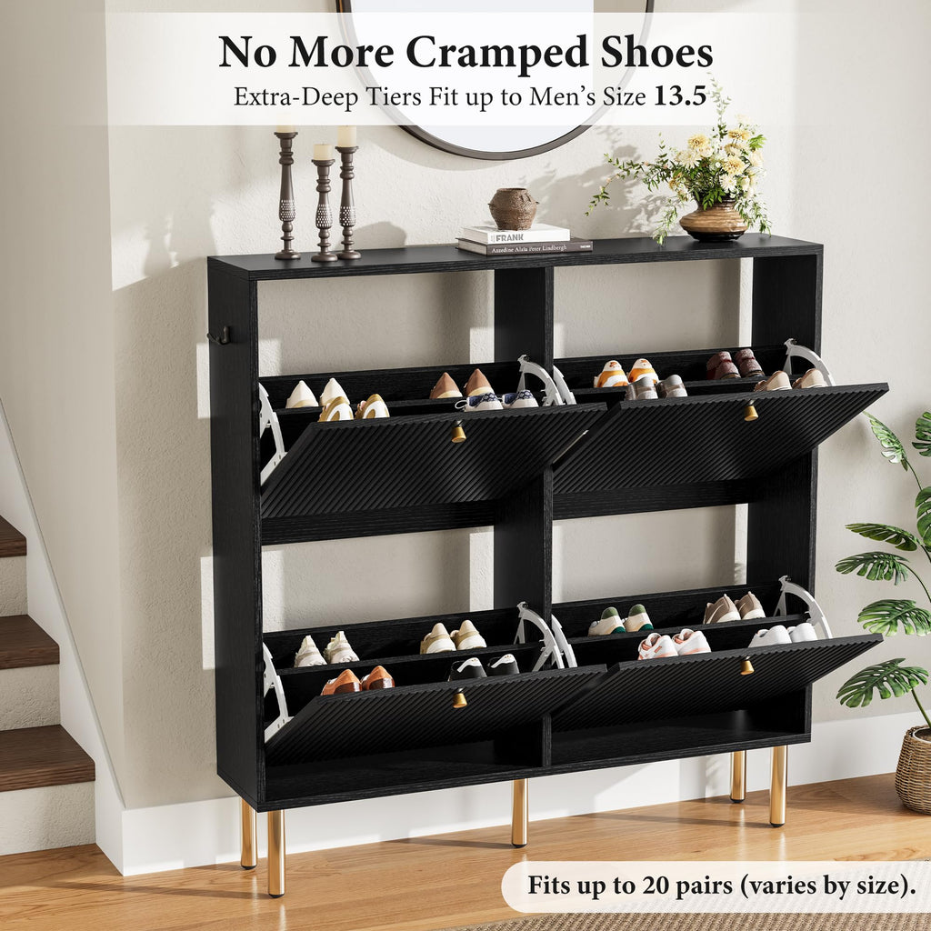 Shoe Storage Cabinet, 4 Flip Drawers with Adjustable Shelves, Mid-Century Modern Shoe Organizer with Tiered Fluted
