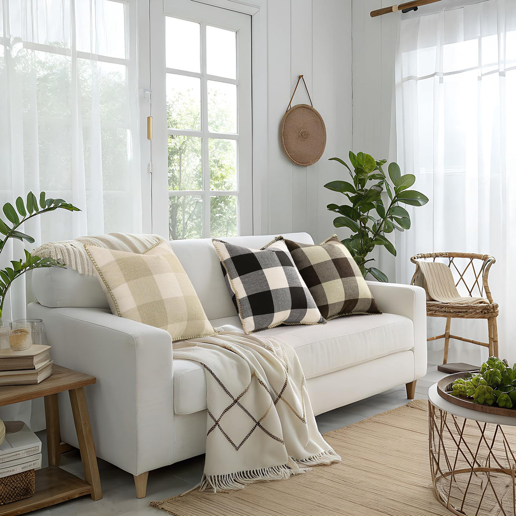 Fall Plaid Linen Throw Pillow Covers 18x18 Set of 2 Black White