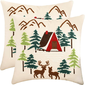 Christmas Pillow Covers 18x18 House and Deer Decorative Beige Pillow Cases Winter Holiday Velvet Embroidered - Set of 2