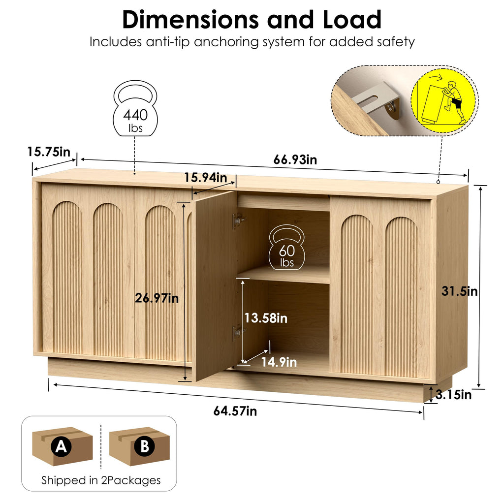 67" Sideboard Buffet Cabinet, Arched Fluted Push-to-Open Doors, Oak