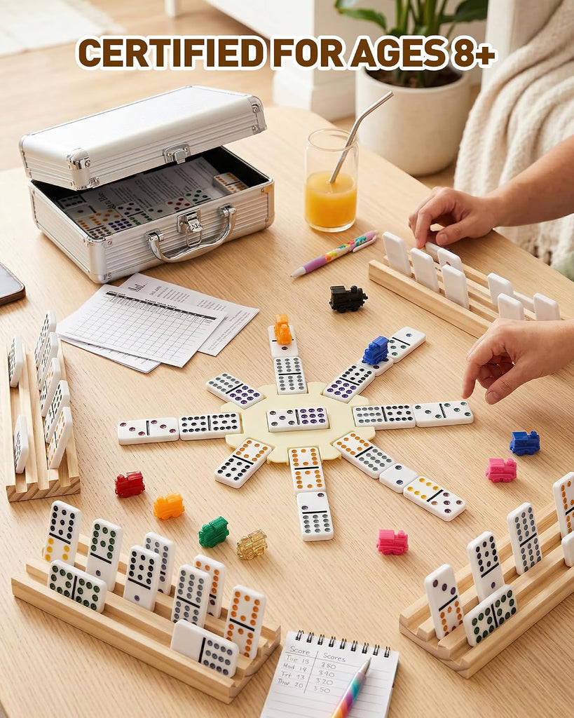 Mexican Train Dominoes Set Double 12-91 Colored Dot Tiles with 4 Wooden Racks, Heavy-Duty Aluminum Case, 9 Trains
