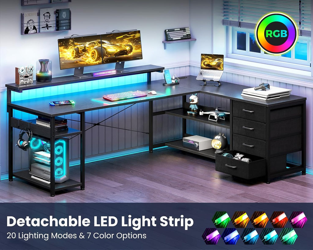 61 Inch L Shaped Computer Desk with 4 Drawers, LED Lights, Black | Power Outlets, Adjustable Monitor Stand, Open