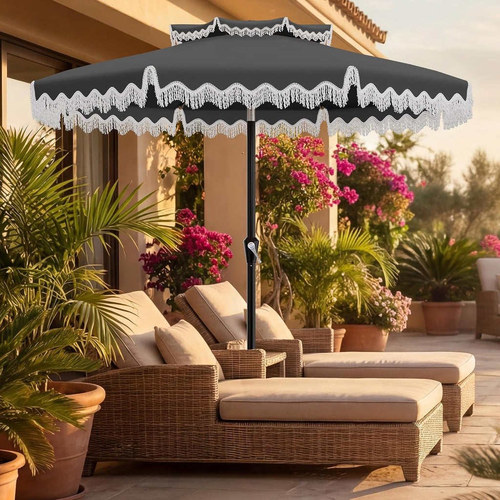 9ft Patio Umbrella with Fringe Tassels, Wind-Resistant Fiberglass Ribs - Grey