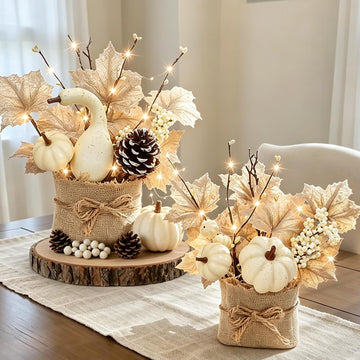 [Light & Timer] Fall Decor 2 Pack Fall Table Centerpieces with 20 LED Tabletop Maple Tree Pumpkin Pinecone Berry - Set of 2