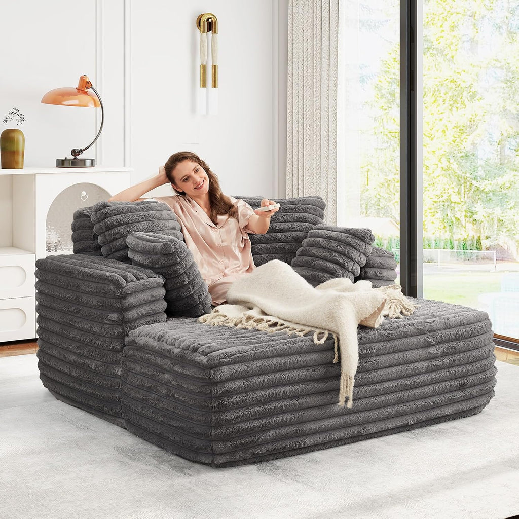 56" Oversized Chaise Lounge Chair Indoor,Plush Faux Fur Sleeper Sofa Couch Bed with Pillows&Wide Armrests,Fluffy
