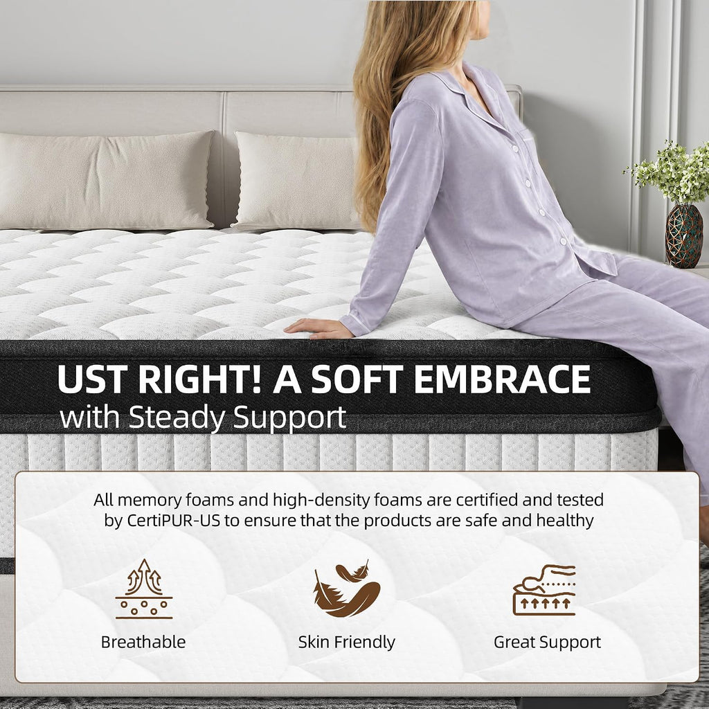 12 Inch Hybrid Mattress King Size, Cooling Memory Foam and Pocket Spring Bed in a Box, Medium Firm Support with