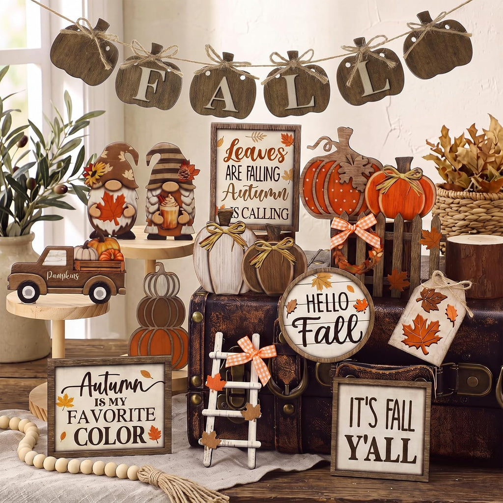 Fall Tiered Tray Decor Set, Thanksgiving Wooden Table Sign - Set of 20