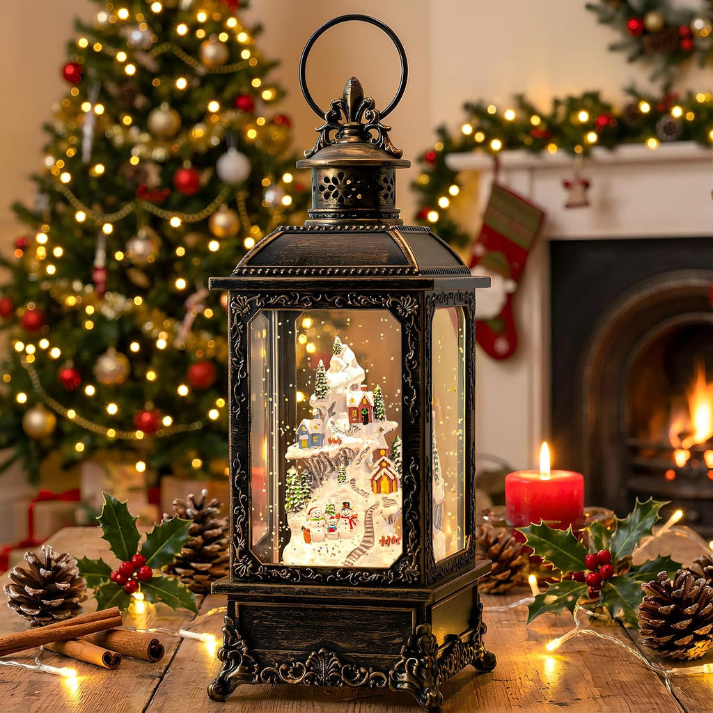 Christmas Snow Globe Lantern Musical Lighted Snow Mountain Snowman Village Water Lantern with Swirling Glitter