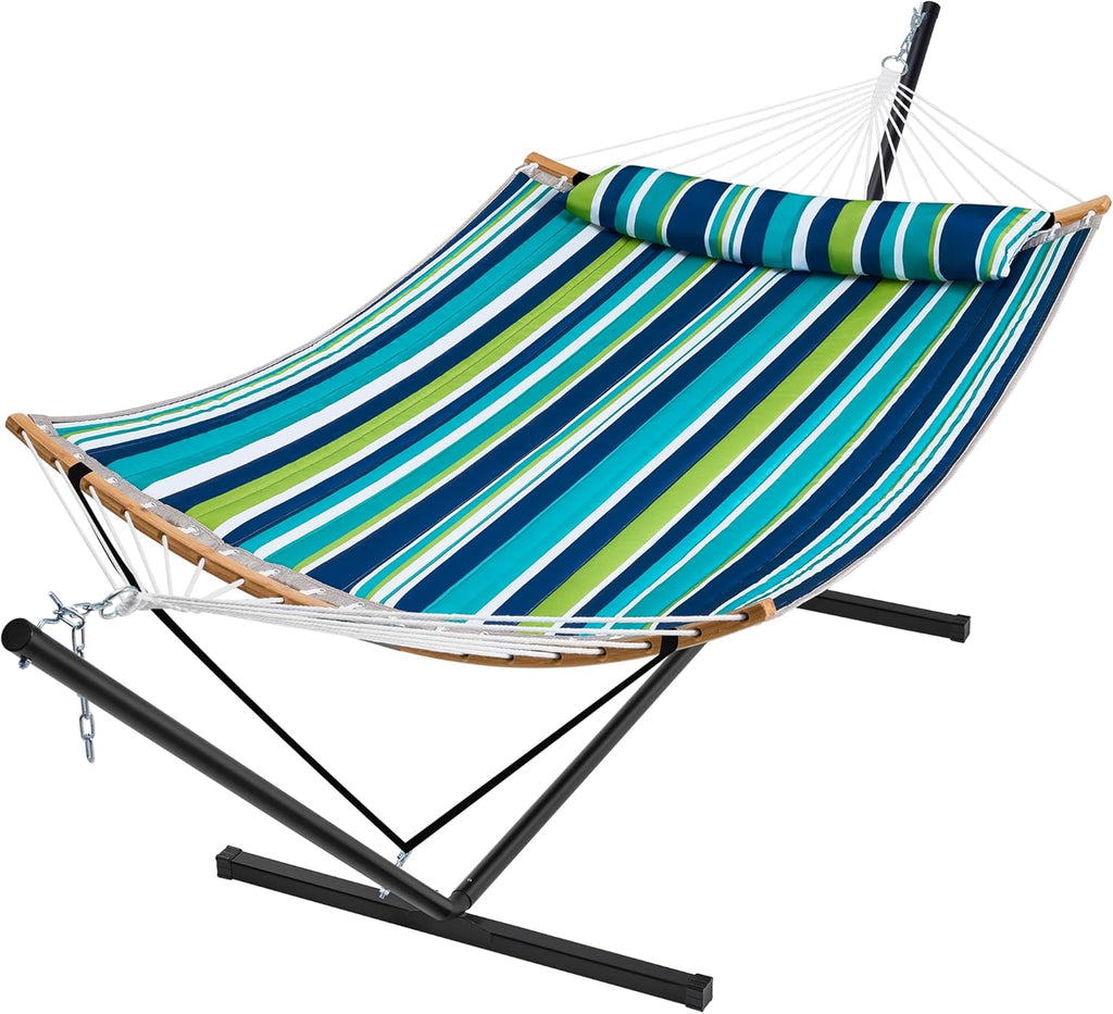 Hammock with Stand, 2 Person Heavy Duty Hammock with Padded Cotton, Detachable Pillow & Strong Curved-Bar & Portable
