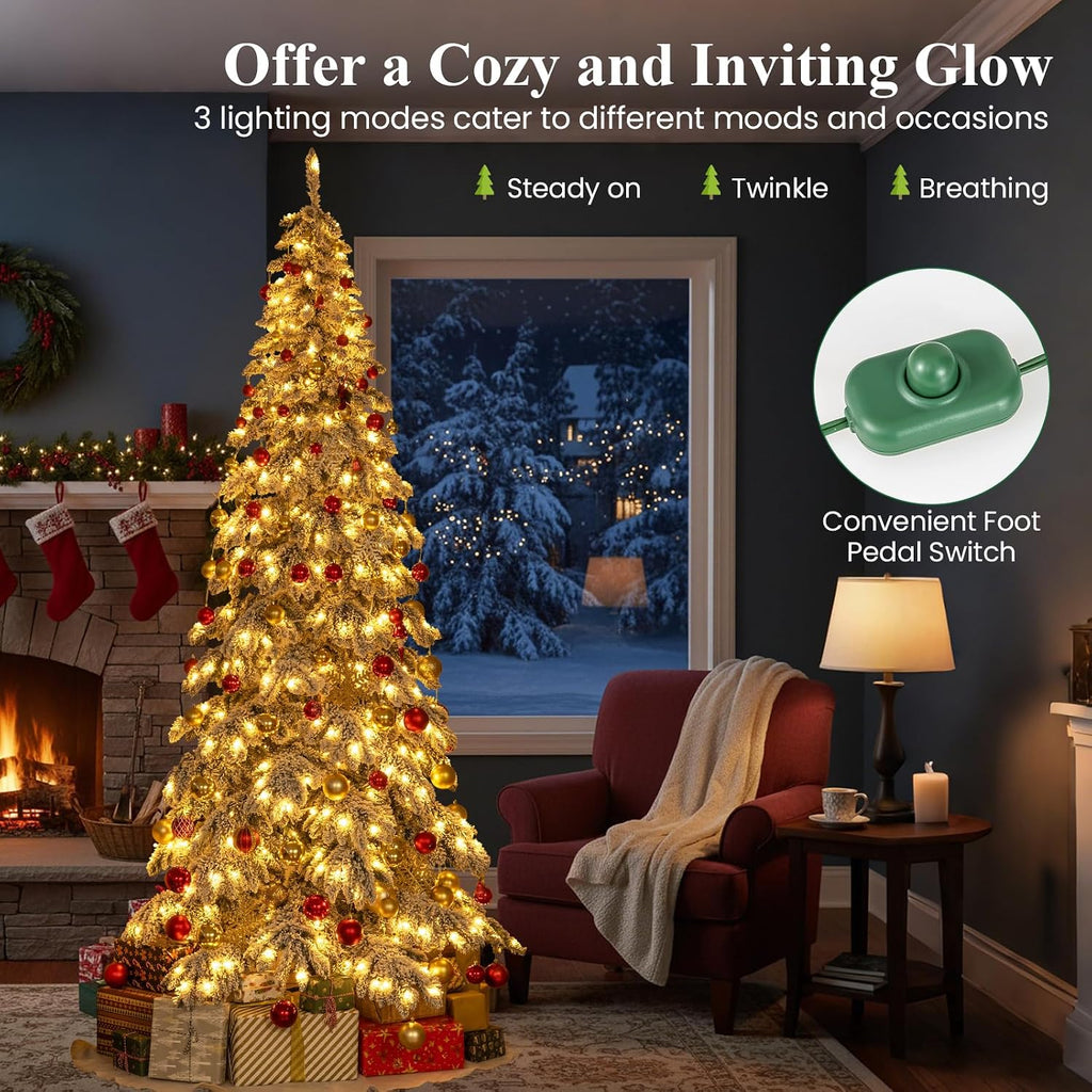 Pre-Lit Snow Flocked Drooping Christmas Tree, Artificial Hinged Xmas Tree with Quick Power Connectors, 1223