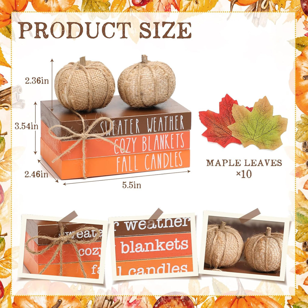 Fall Tiered Tray Decor, Wood Book Stack with Maple Leaves & Pumpkins