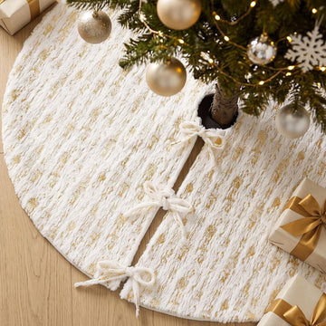 48 Inch Christmas Tree Skirt with Bows, White Faux Fur Golden Stamping on