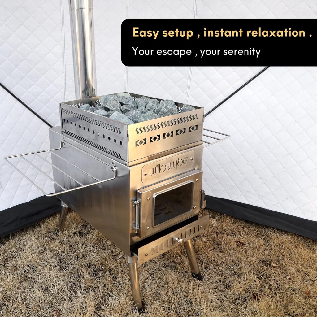 WillowyBe Portale Outdoor Sauna Set with Tent, Dry Sauna Wood Stove, Driftwood-infused Cooking for Friends