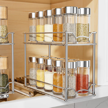 Pull Out Spice Rack for Inside Cabinet, 2 Tier Chrome Spice Organization for Cabinet, Vertical Sliding Out Spice Rack