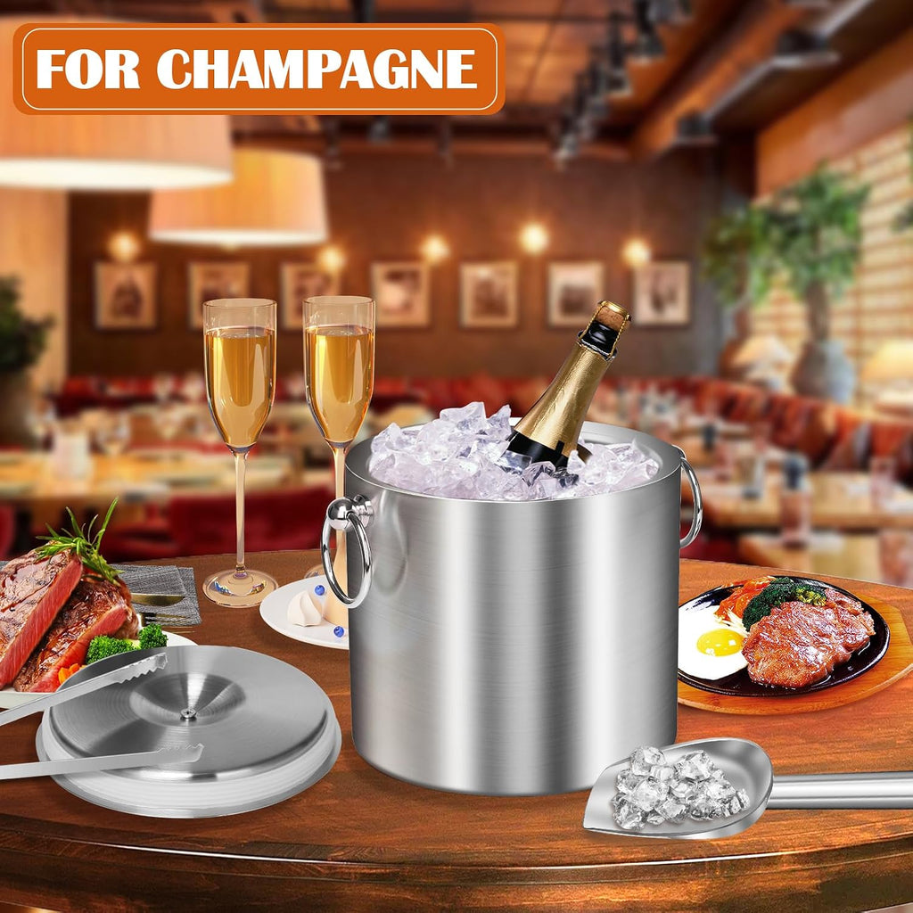 Ice Bucket with Lid & Tong- Well Made Insulated Stainless Steel Keep Ice Frozen Longer