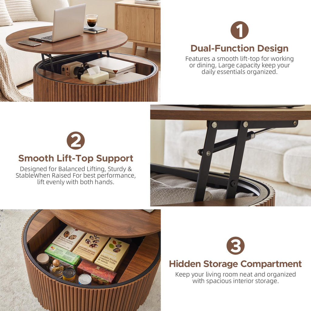 Fluted Round Lift Top Coffee Table with Storage, Walnut