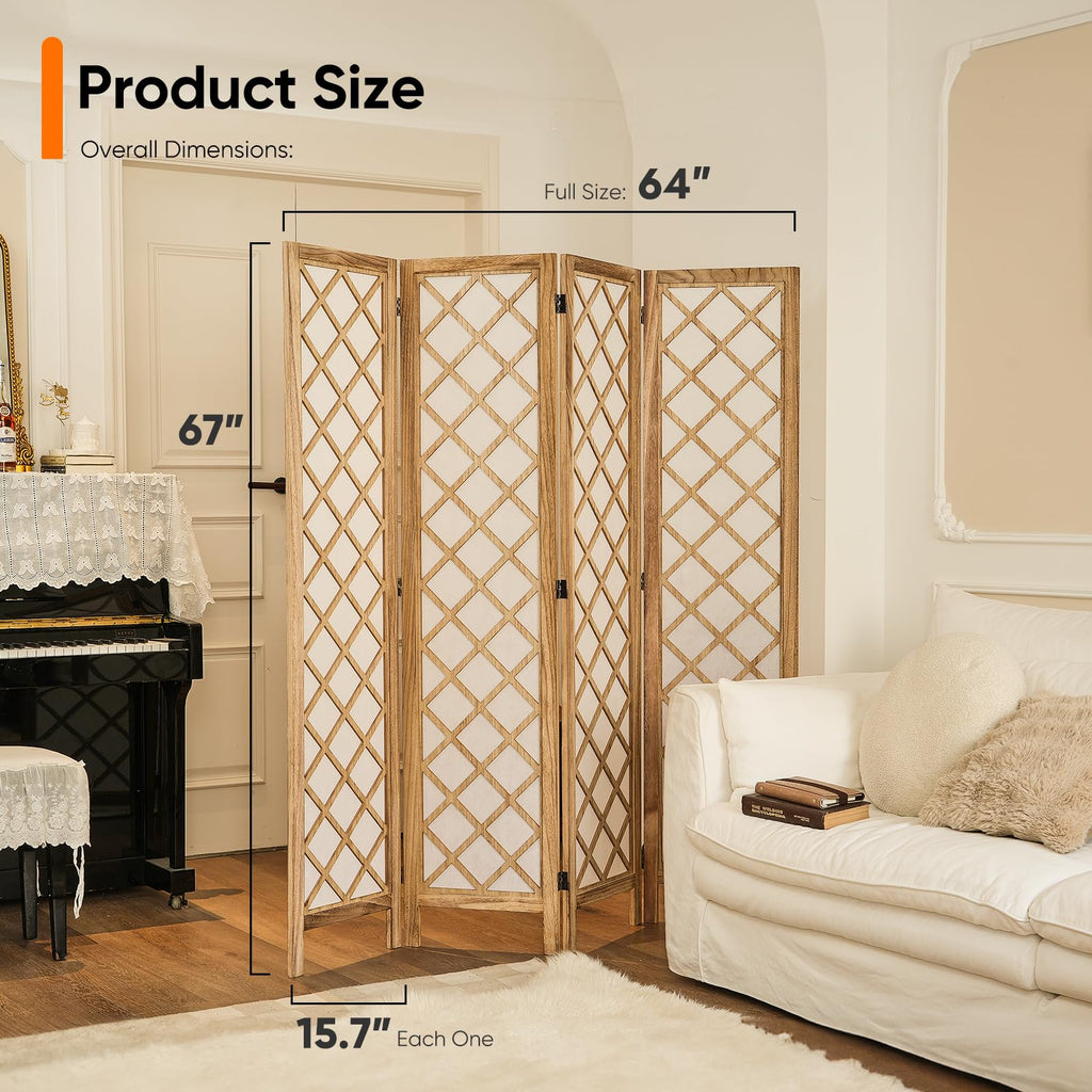 Japanese Shoji Screen Room Divider, 4-Panel, Beige, 67" H x 64" W