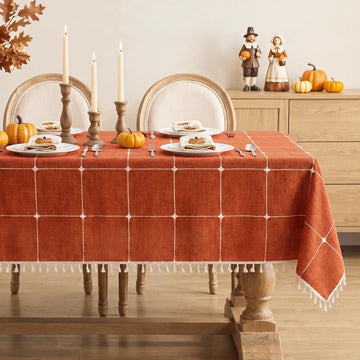 Fall Linen Rectangle Tablecloth with Tassel, 55 x 70 Inch