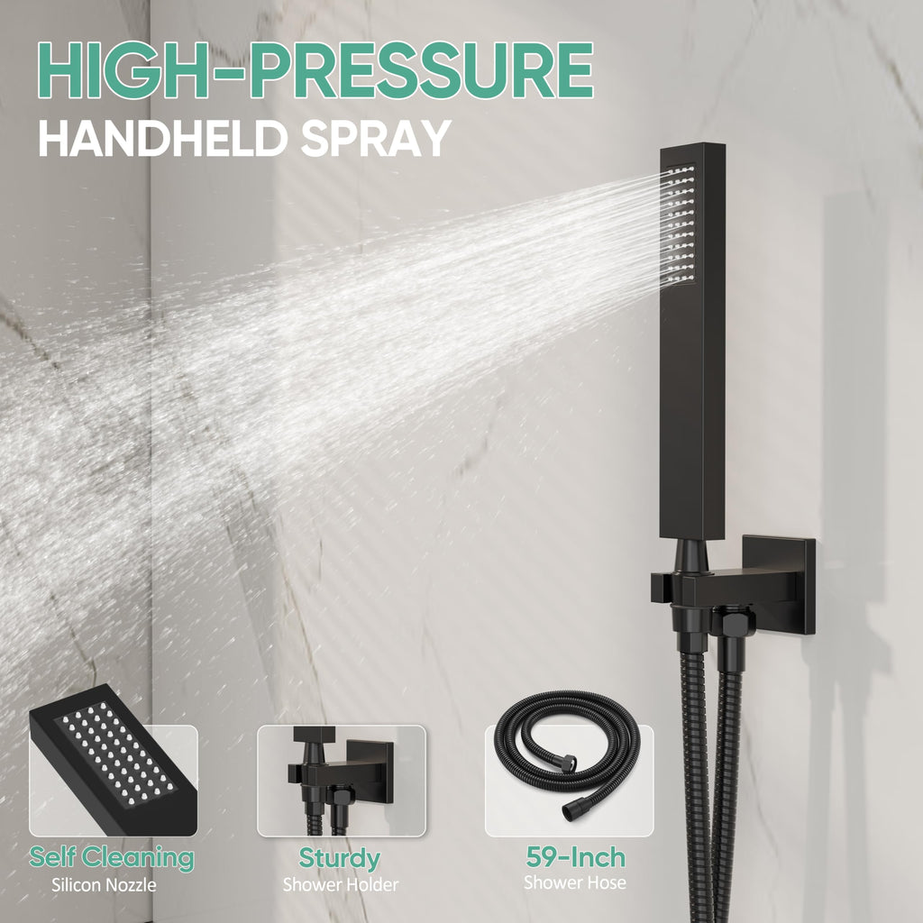 Black Tub Shower System with 12" Rain Head, Handheld & Valve Kit