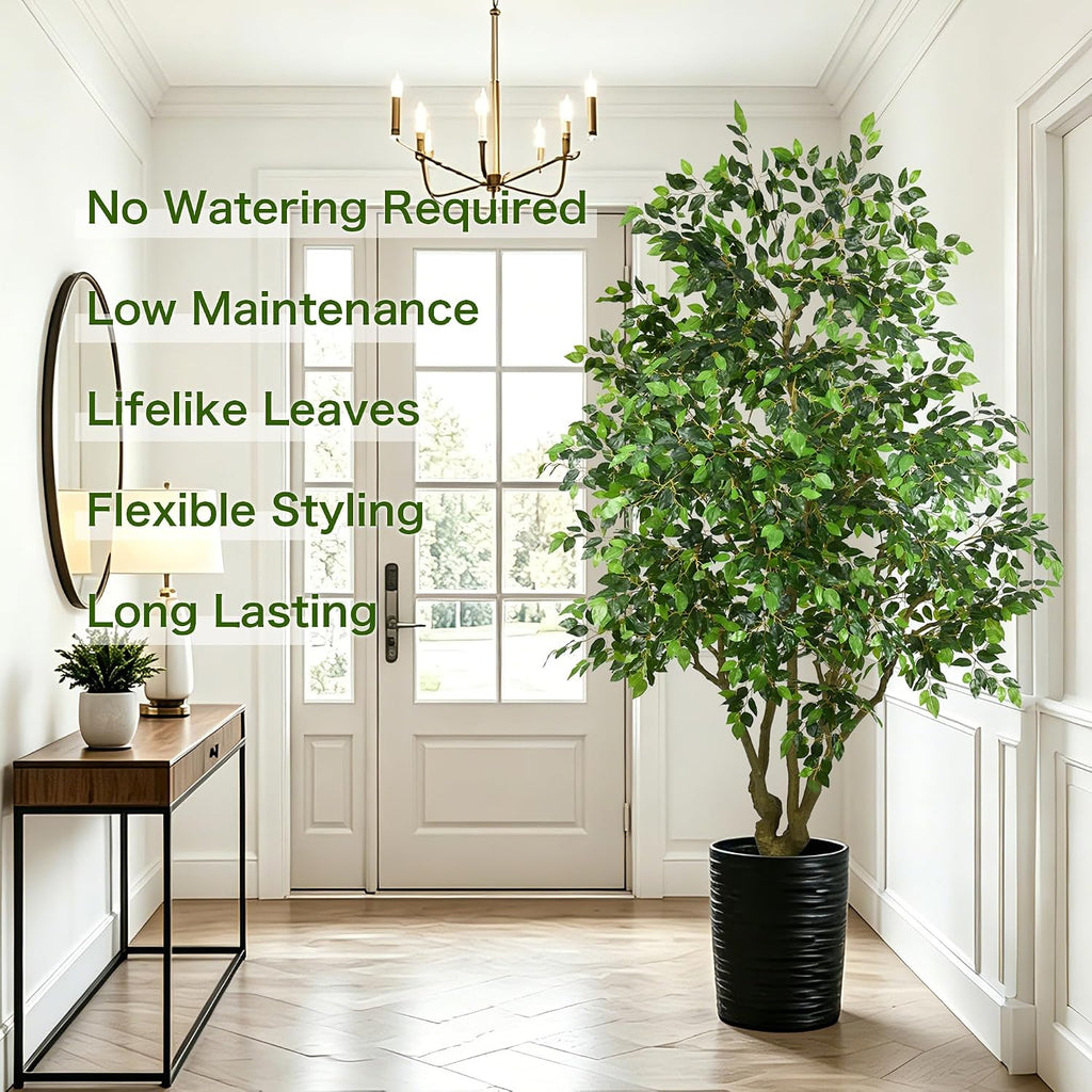 Ficus Tree 8FT - Tall Faux Plants Indoor with Pot, Realistic Fake Floor Plant with Natural Green Leaves Artificial