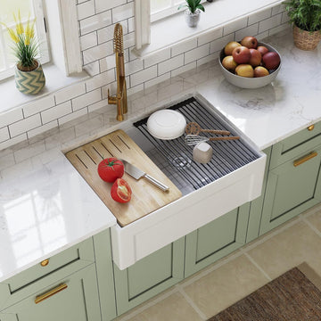 White Farmhouse Workstation Sink 30 Inch | Reversible Deep Single Bowl Apron Front Kitchen Sink, Undermount Farm Sink