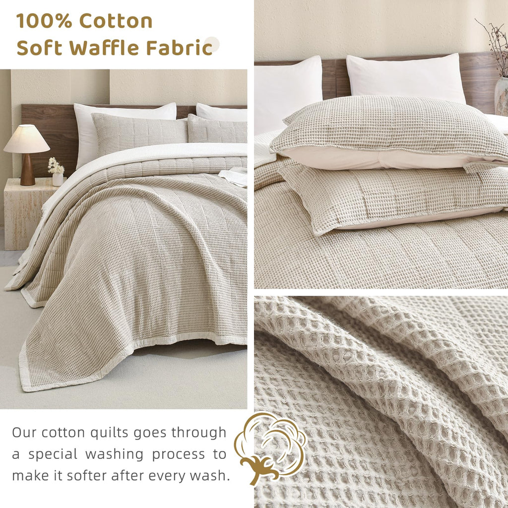 Cotton Bedspread(120"x120"), Wheat Waffle Weave Quilt Set 3Pcs Soft Lightweight Farmhouse Oversized