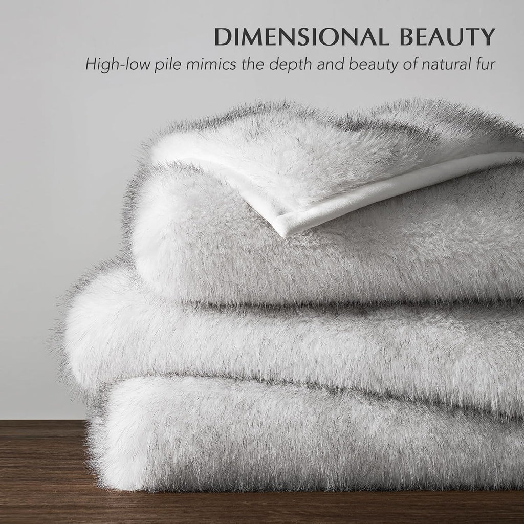 Luxury Faux Fur Throw Blanket, 60"x80", Frosted White Wolf | Fluffy Faux Mink Blanket, Soft Cozy Plush, Thick Warm