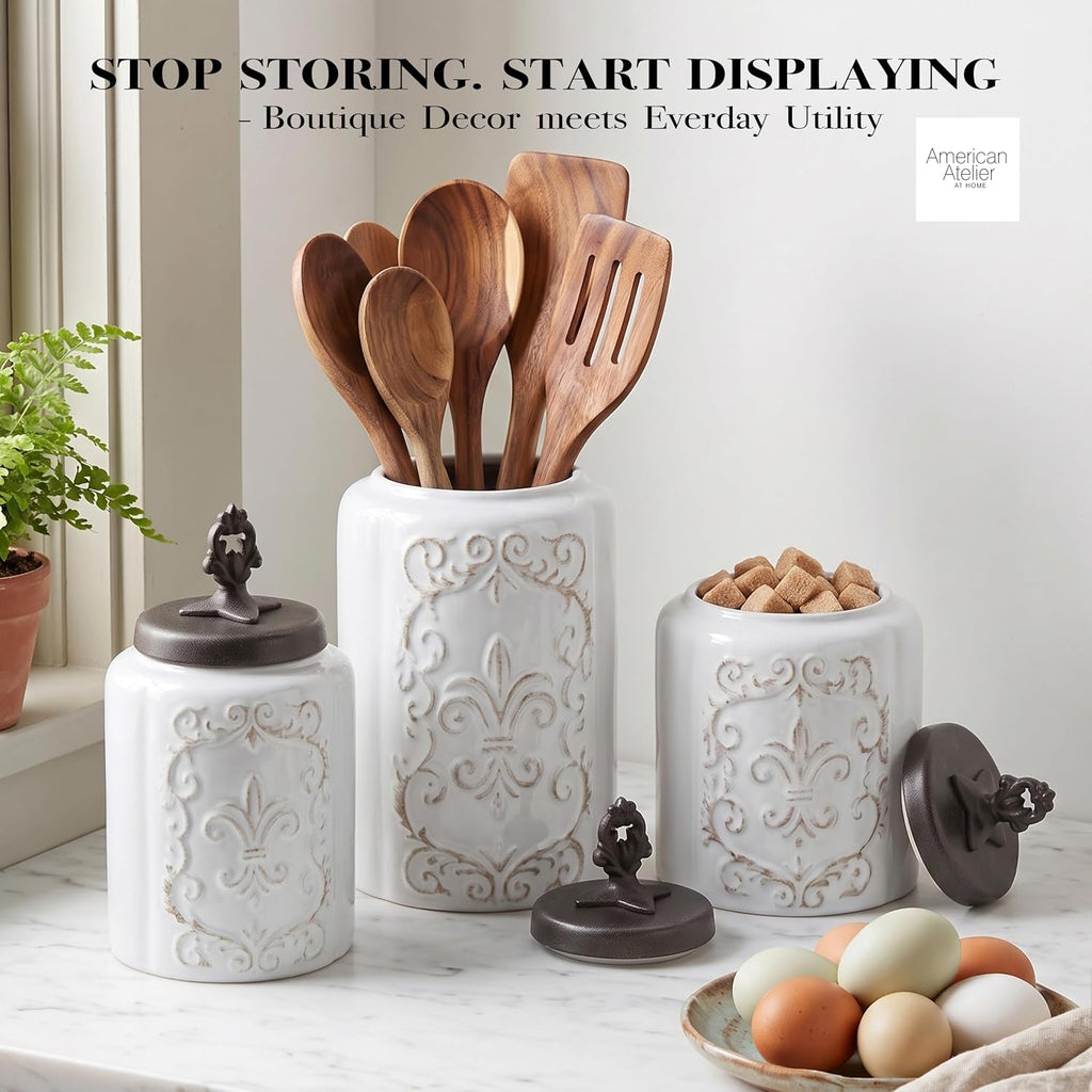 Ceramic Kitchen Canister Set Fleur De Lis w/ Lids - Set of 4