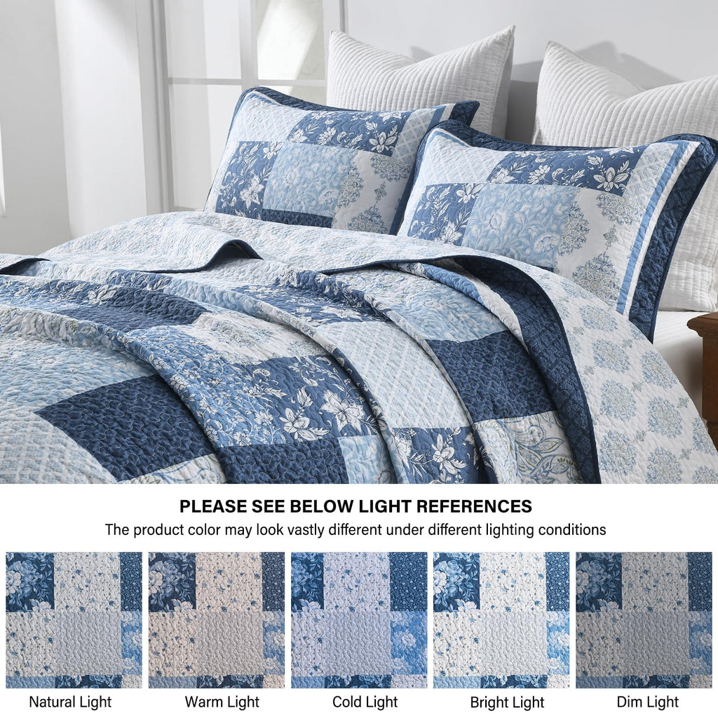 100% Cotton Quilt Set, Farmhouse Floral Patchwork Bedspreads