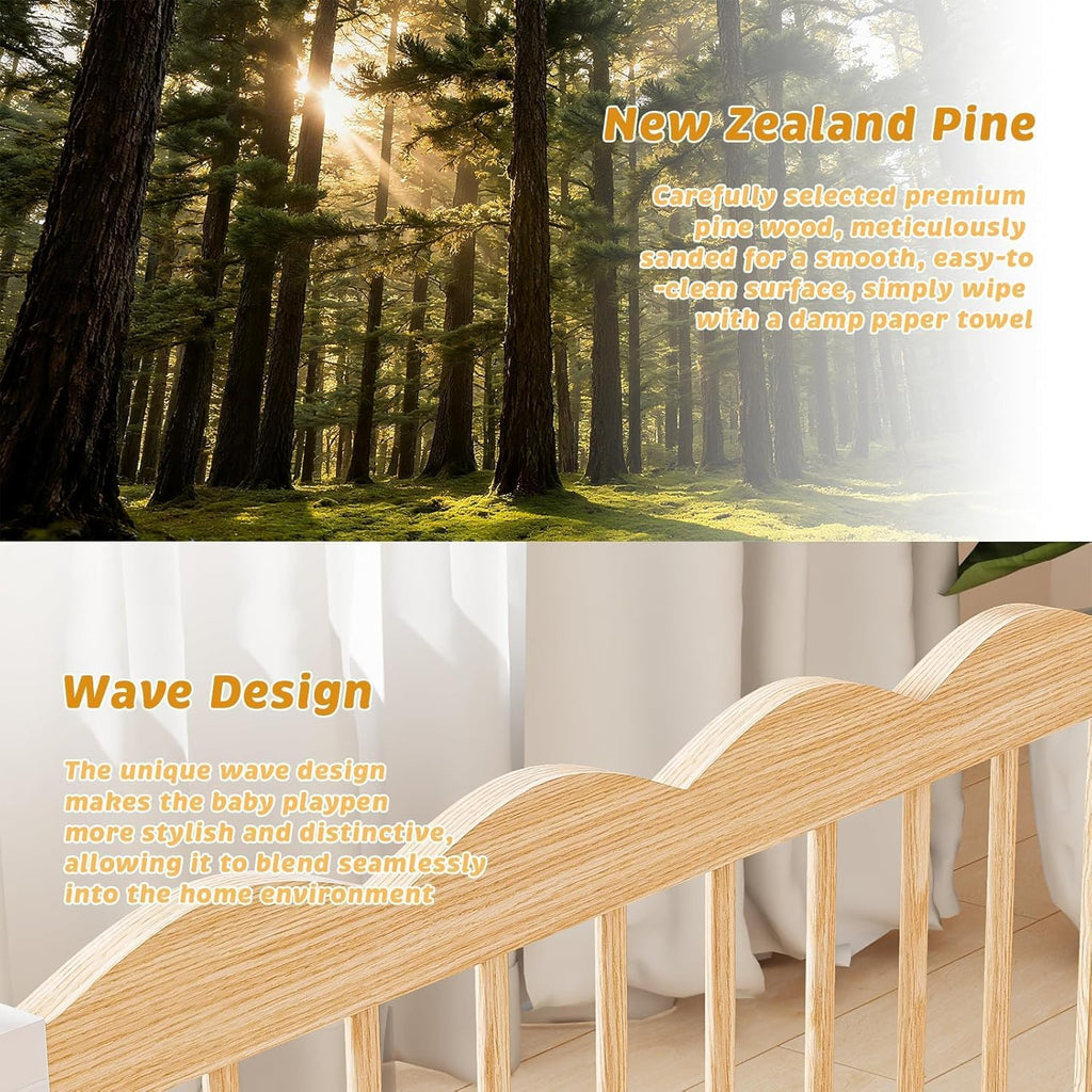 Wooden Baby Playpen 69x103 Inch Foldable Toddler Fence with Safety Lock | Extra Large Natural Wood Foldable Baby