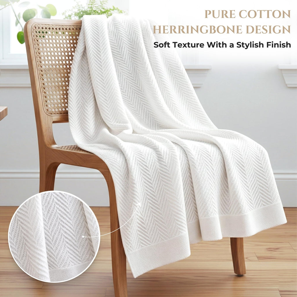 Luxury Cotton Blanket for Queen Size - Breathable Herringbone Blanket, All Season Bed Layering, 350 GSM Cozy Soft
