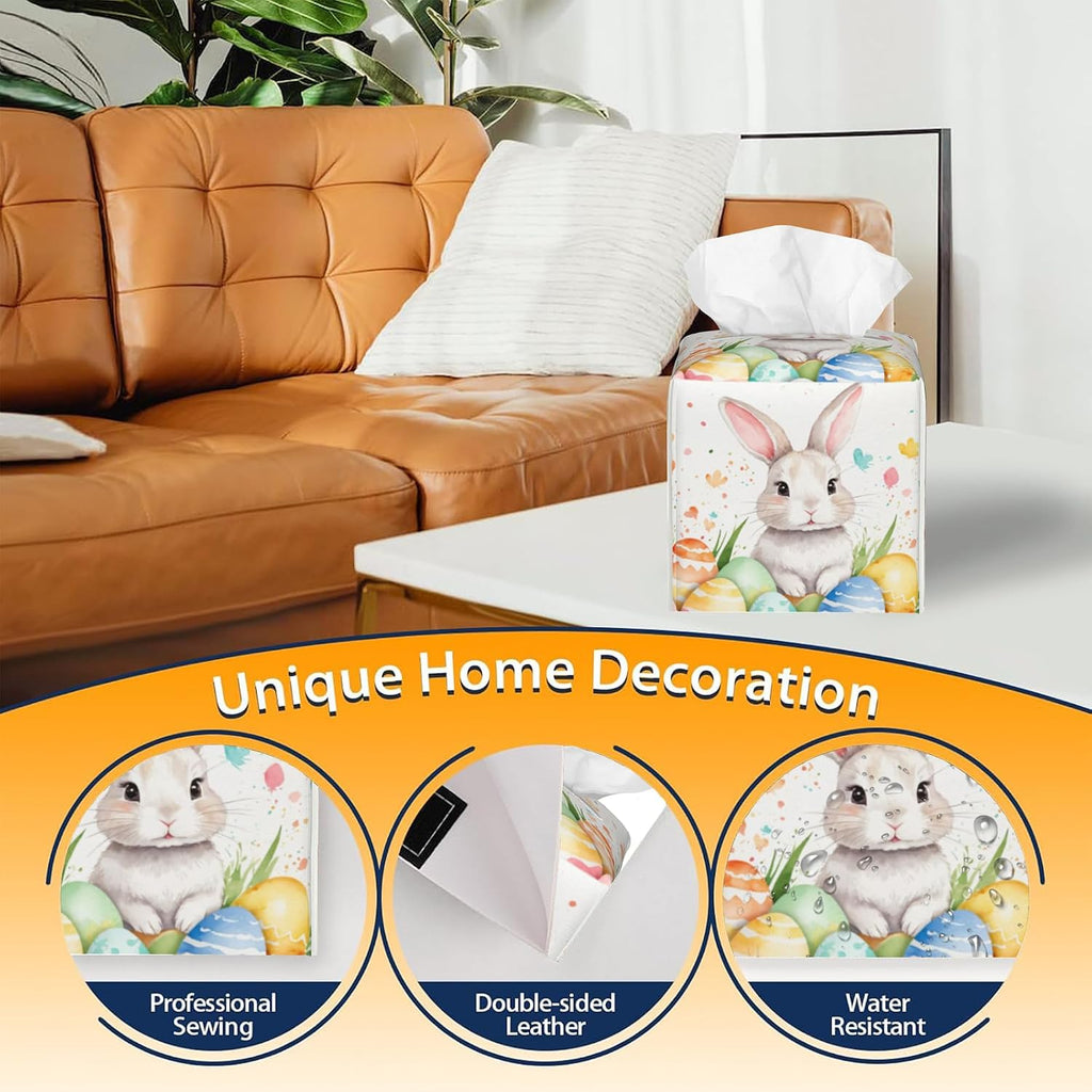Tissue Box Cover Square,Cute Easter Rabbit and Eggs Tissue Box Holder Waterproof Leather Facial Paper Case Modern