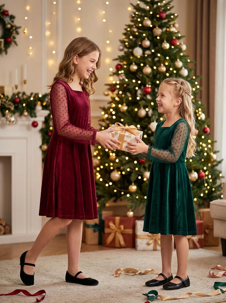 Velvet Dress Contrast Mesh Long Sleeve Christmas Dresses