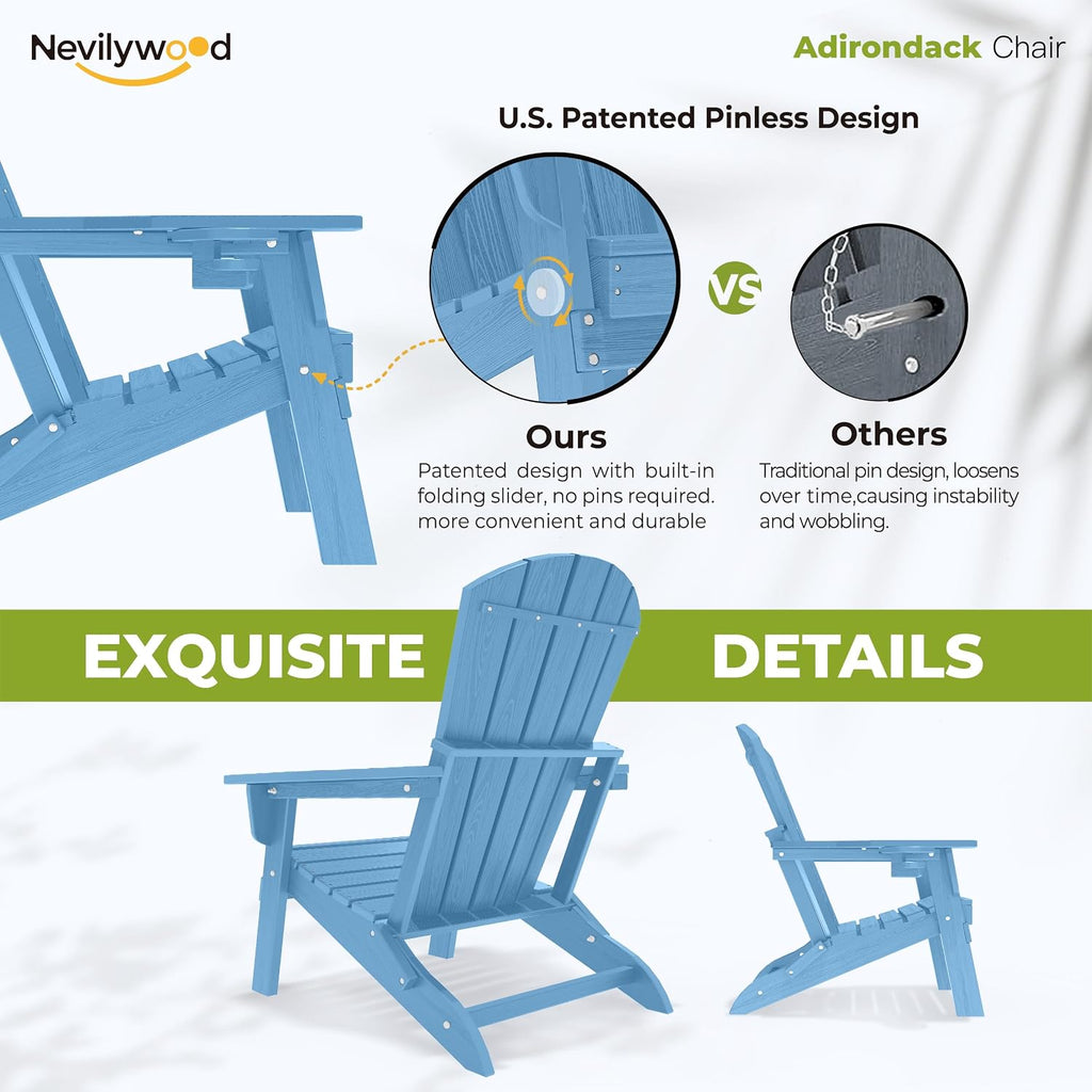Folding Adirondack Chairs Set of 2, HDPE Cup Holders, Light Blue | Patent pinless folding design, 380lbs, Extended
