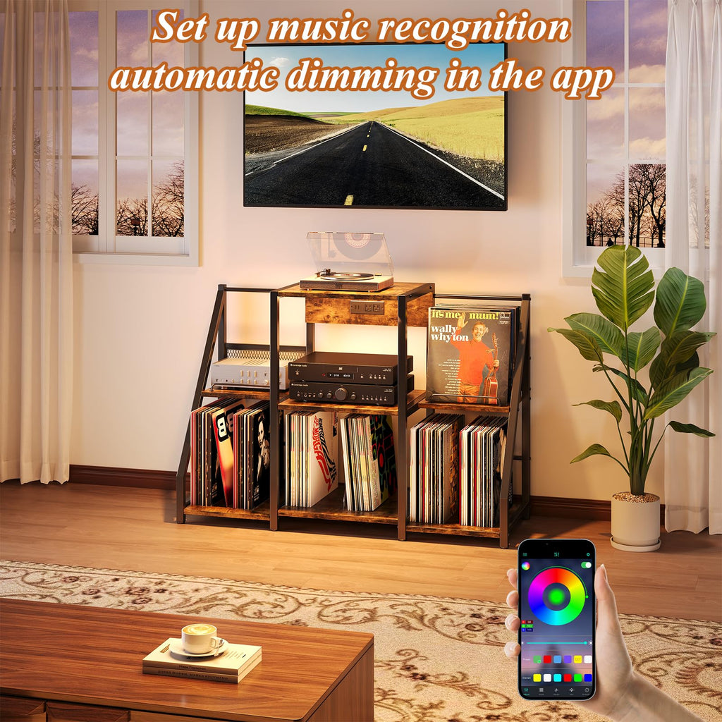 Record Player Stand, Record Player Table with Power Outlets and LED Light, Holds Up to 300 Albums, Vintage Vinyl