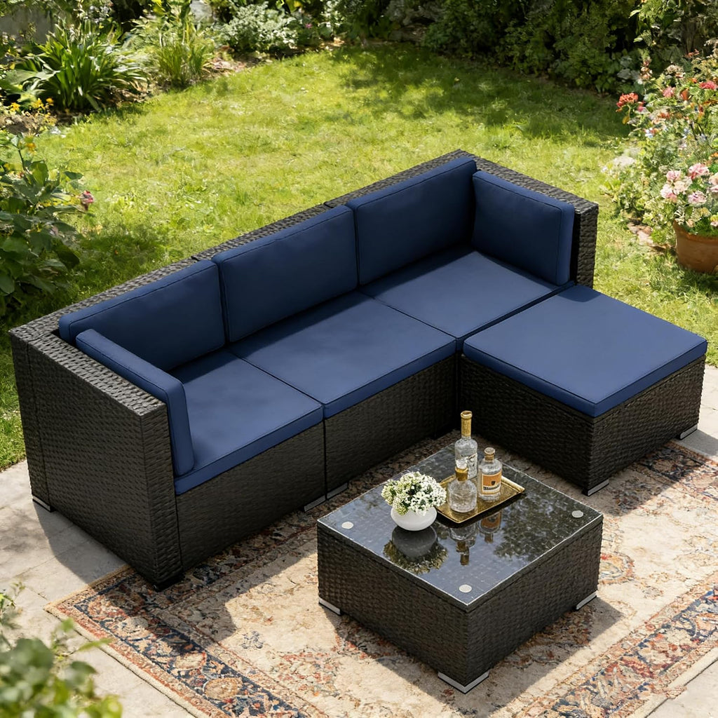 5-Piece Outdoor Patio Furniture Set, All-Weather PE Rattan Sectional Sofa with Ottoman, Glass Coffee Table &