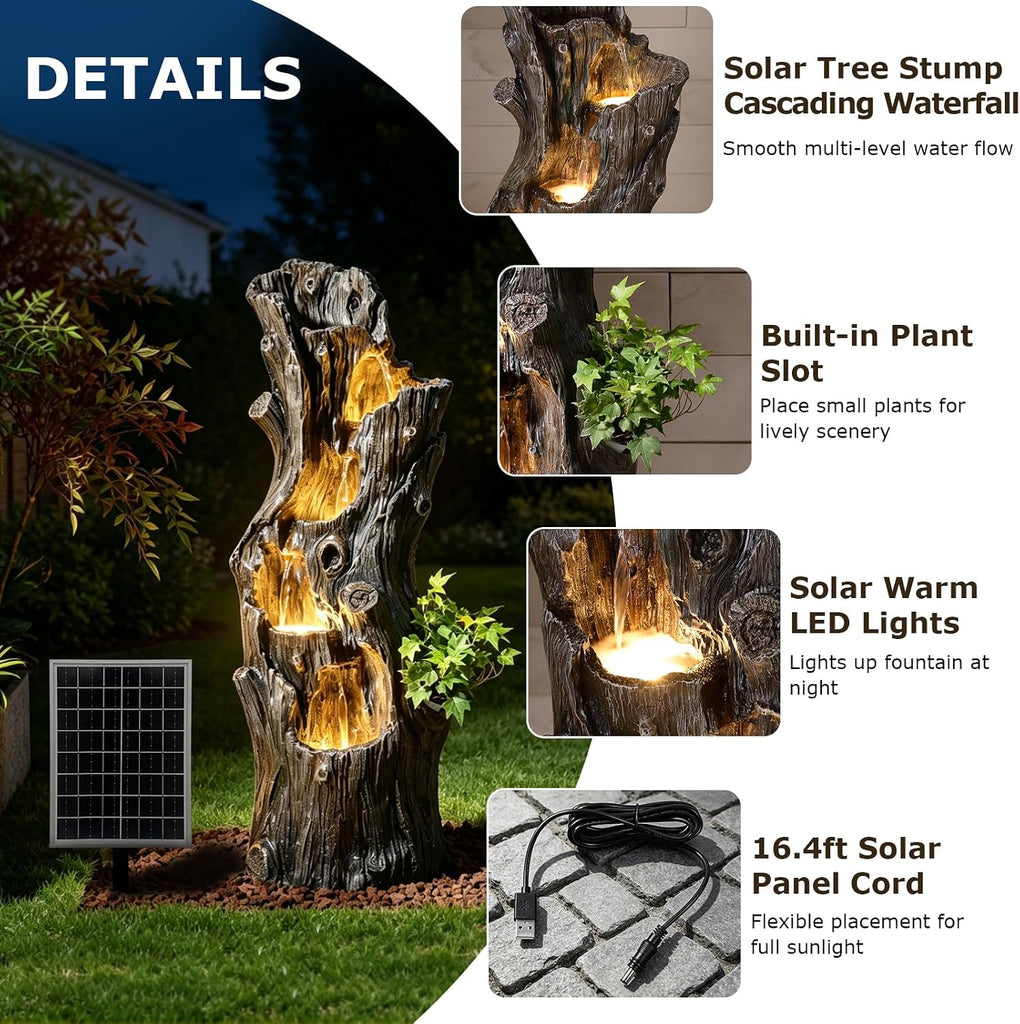 39.37" Tall Solar Water Fountain Outdoor Garden Faux Tree Stump | 5 Tier Solar Powered Water Fountains with LED