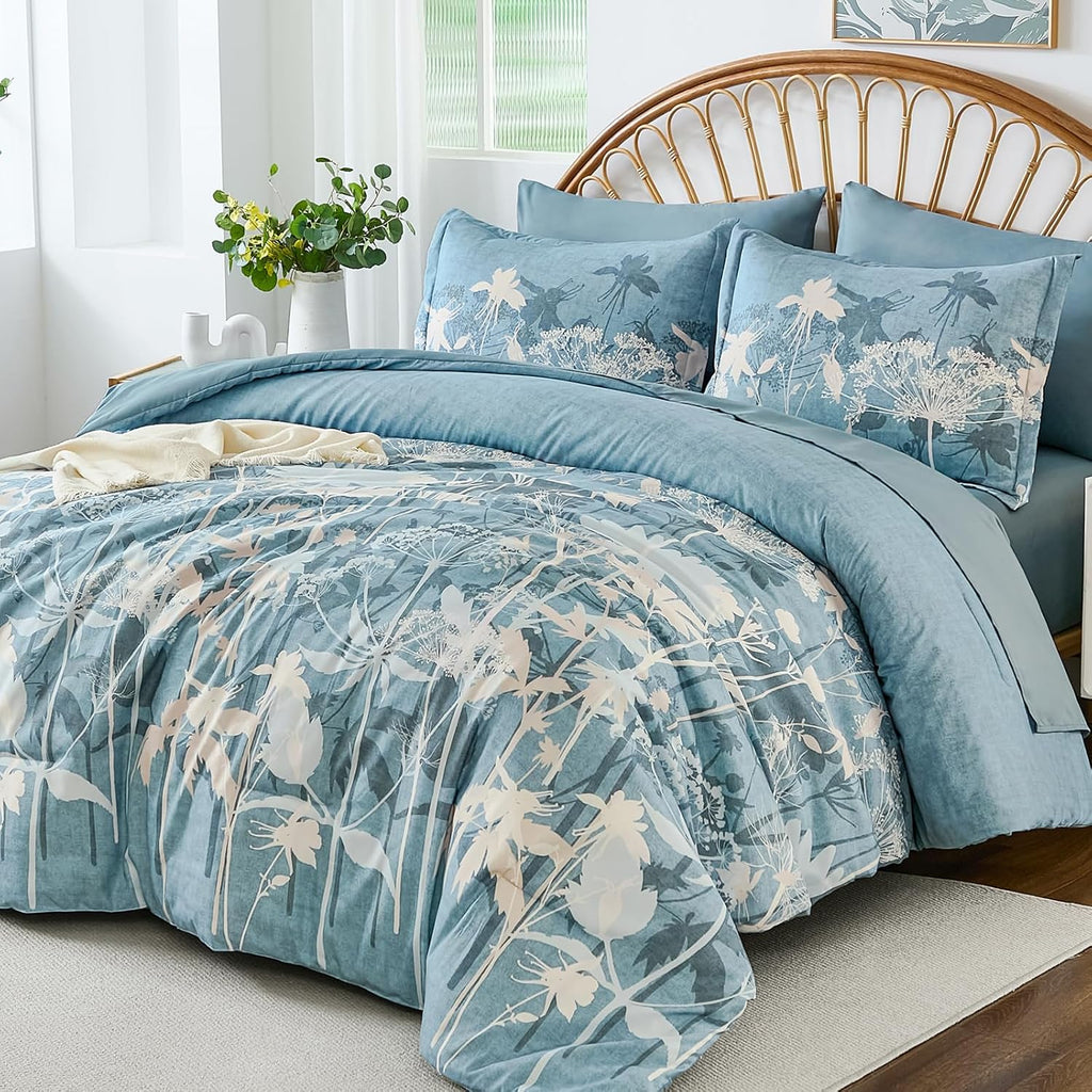 Blue Floral Comforter Set King, 7 Piece Dandelion Botanical Plant Comforter Bedding Set, Bed in a Bag King